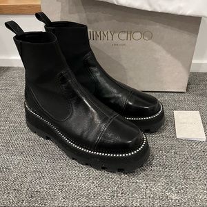 JIMMY CHOO Clayton Flat Chelsea Boots Black Leather Crystals 39 US 8